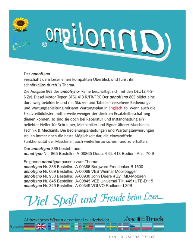 Deutz Diesel Motor 4-5-6 Zylinder Typen BF6L 413 R/FR/FRC Bedienungsanleitung & Wartungsanleitung & Wartungsplan ENGLISCH - annoligno 865